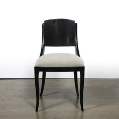 Set of Six Art Deco Sculptural Dining Chairs in Ebonized Walnut & Taupe Mohair