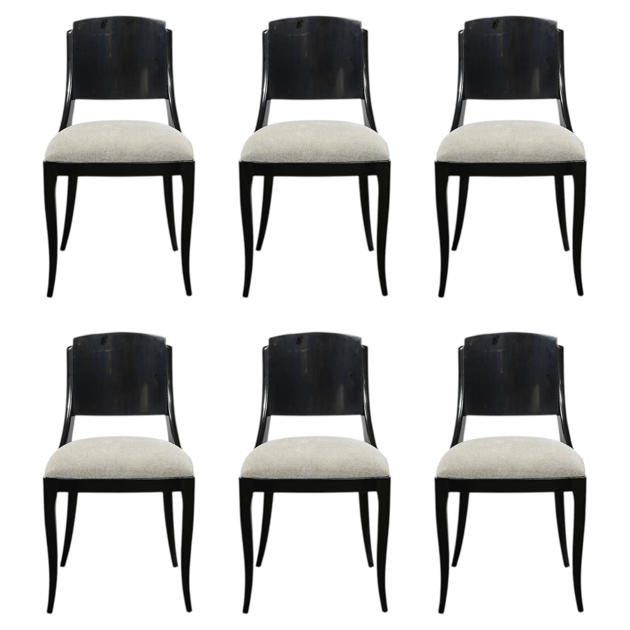 Set of Six Art Deco Sculptural Dining Chairs in Ebonized Walnut & Taupe Mohair