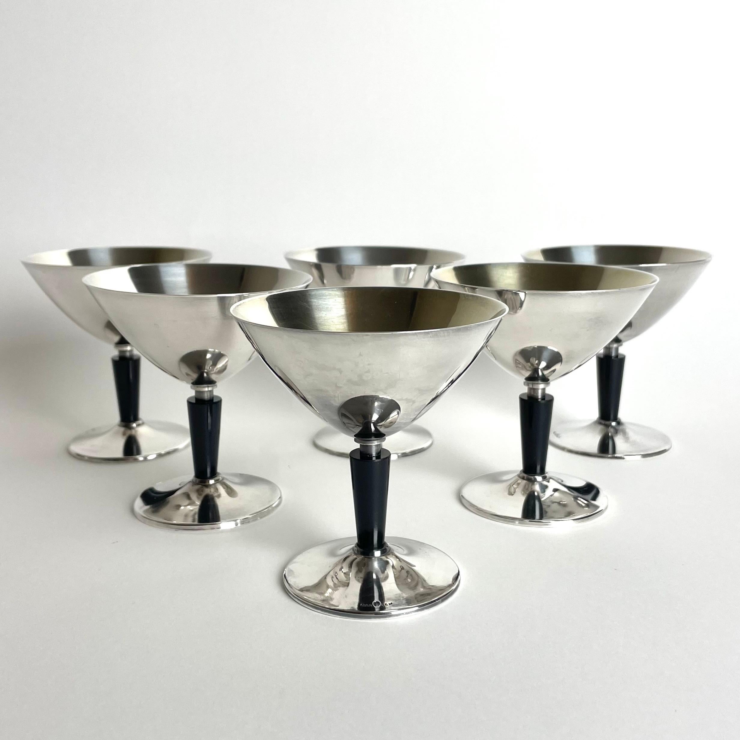 Set of six Art Deco Silver Plated Cocktail Glasses by Folke Arström