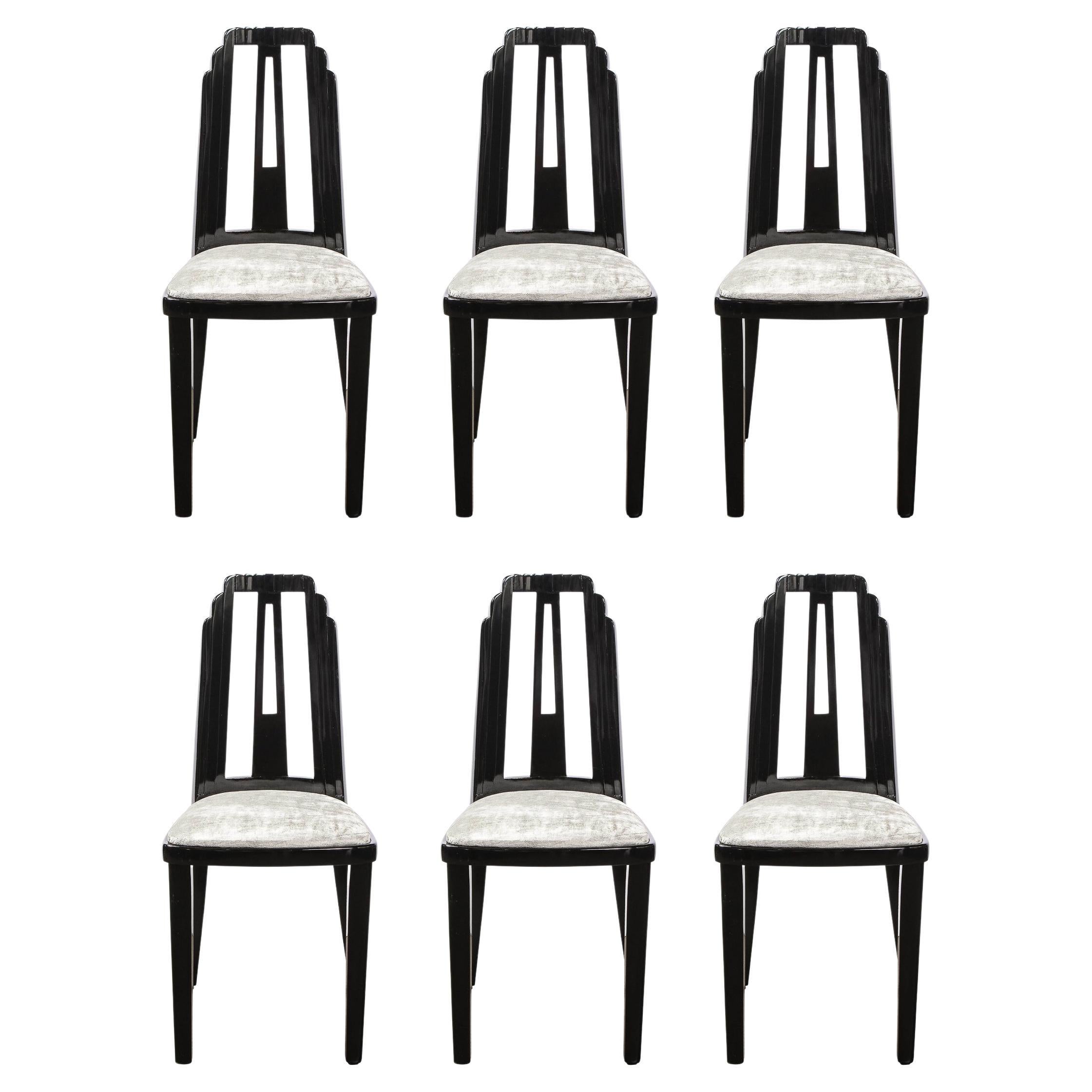 Set of Six Art Deco Skyscraper Style Dining Chairs in Black Lacquer and Velvet
