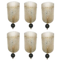 Set of Six Art Deco Style Murano Glass Demi-Lune Wall Lights Sonces, in Stock