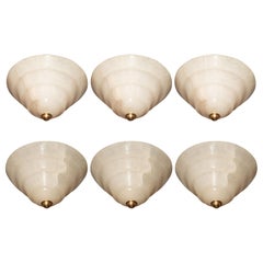 Set of Six Art Deco Tiered Alabaster Flush Mounts with Chrome Fittings