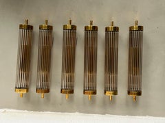 Set of six Art Deco Wall Sconces in Brass and Fluted Glass, Chic Lighting
