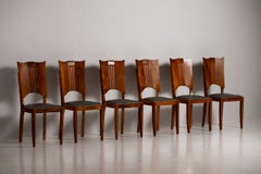 Set of Six Art Deco Walnut Dining Chairs with Carved Fluted Back, France, 1930s