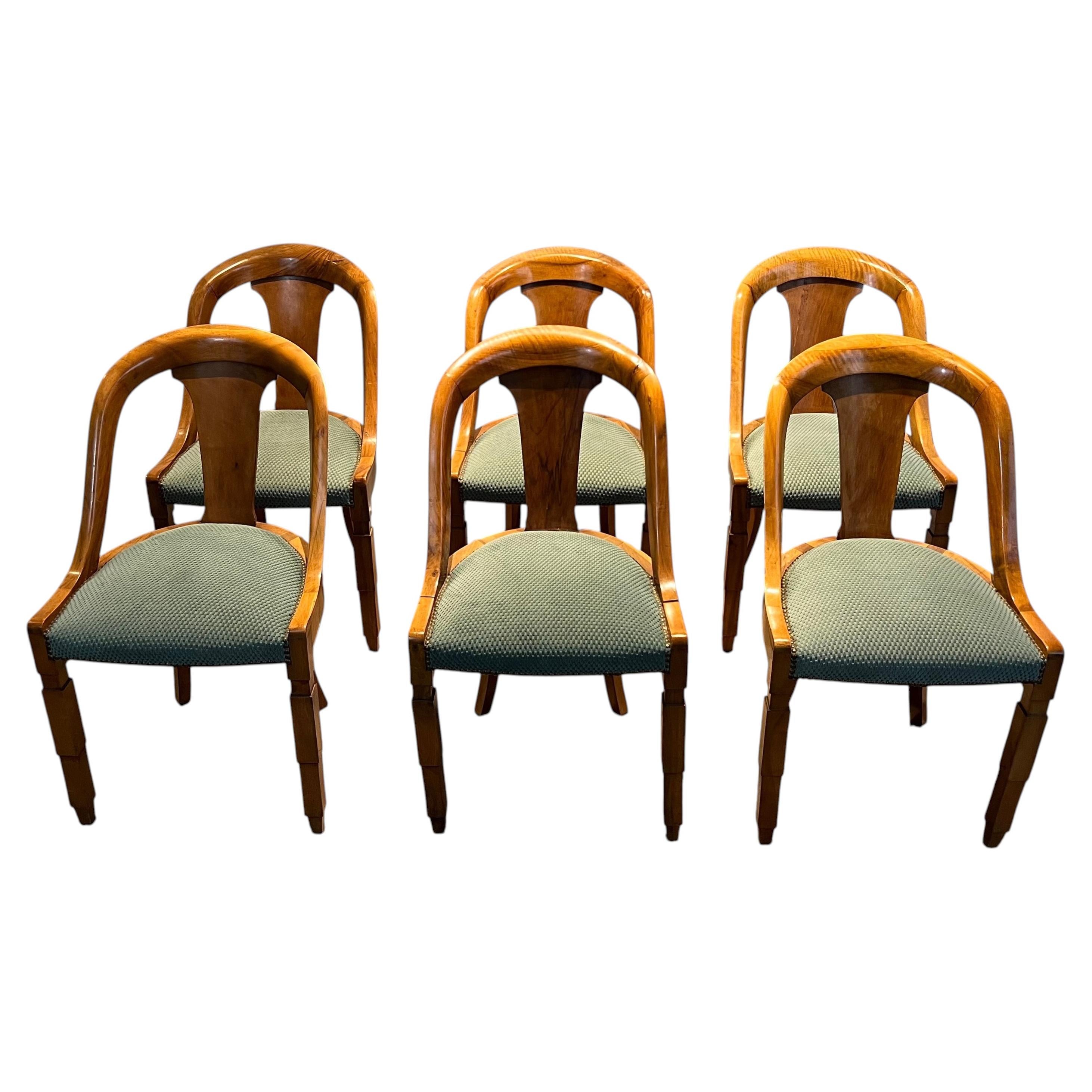 Set of Six Art Deco Walnut Gondola Chairs, French Design, 1930