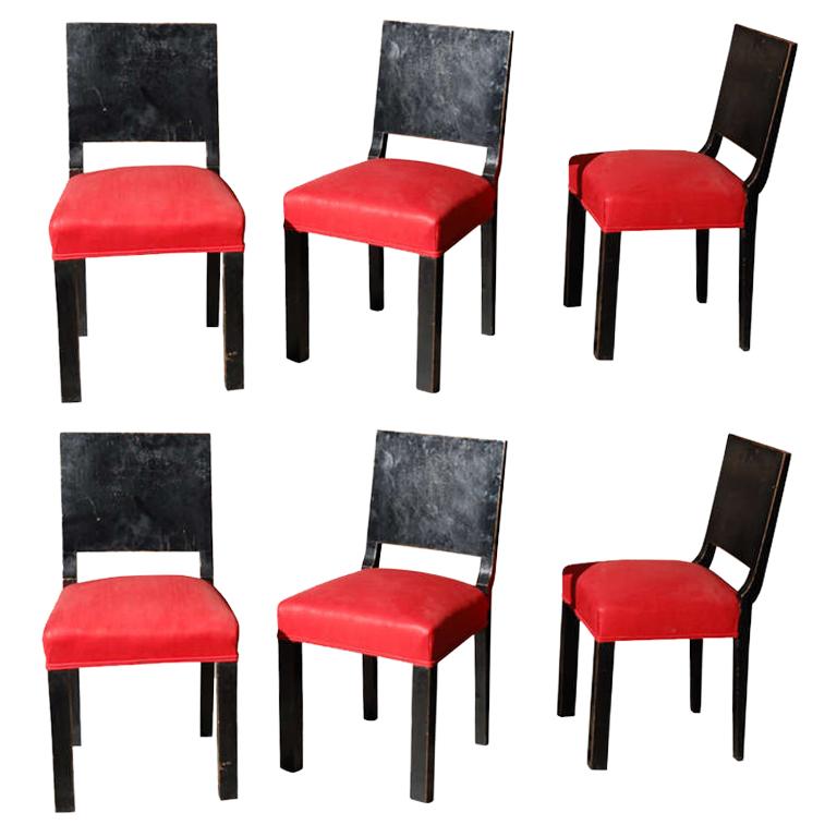 Set of Six Art Deco Wood Lacquer Dining Chairs with Red Linen Upholstered Seats