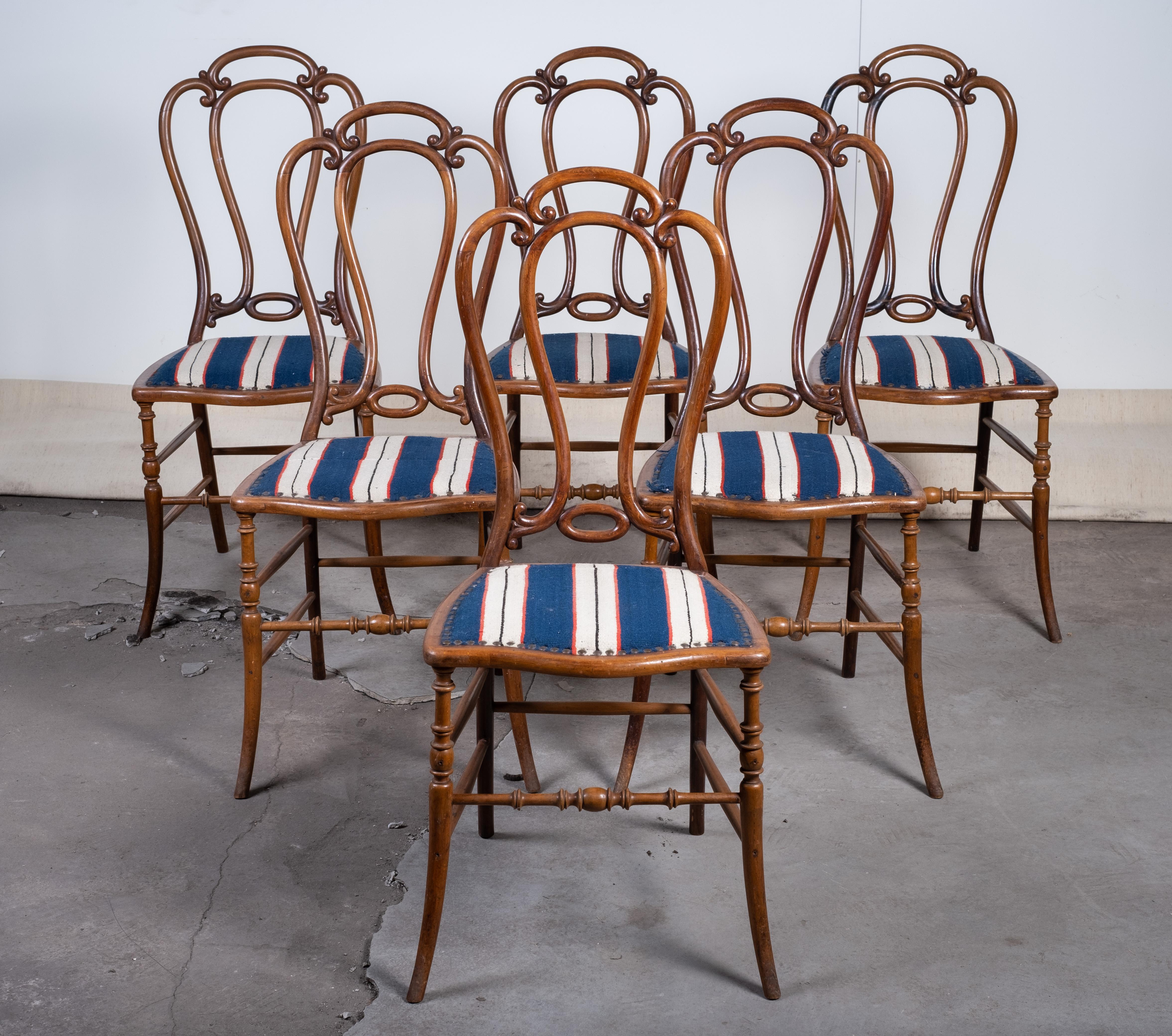 Set of six Art Nouveau café chairs crafted in beechwood by W. Giessing, originating from a historic manor. The chairs feature elegant, flowing lines typical of the Art Nouveau style and showcase fine early 20th-century craftsmanship.

Offered in