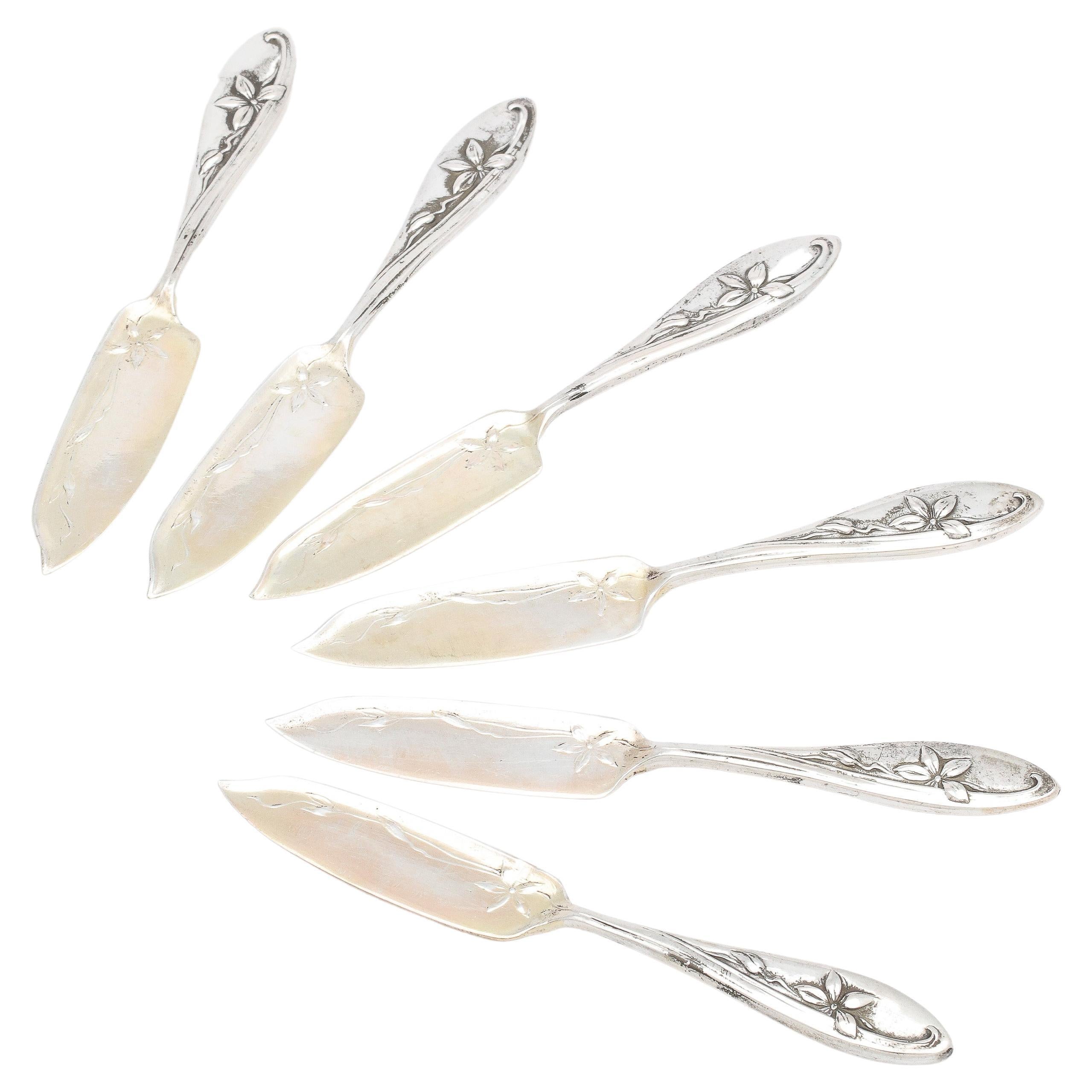 Juego de seis esparcidores de caviar/entremeses de plata Continental Art Nouveau (.800)