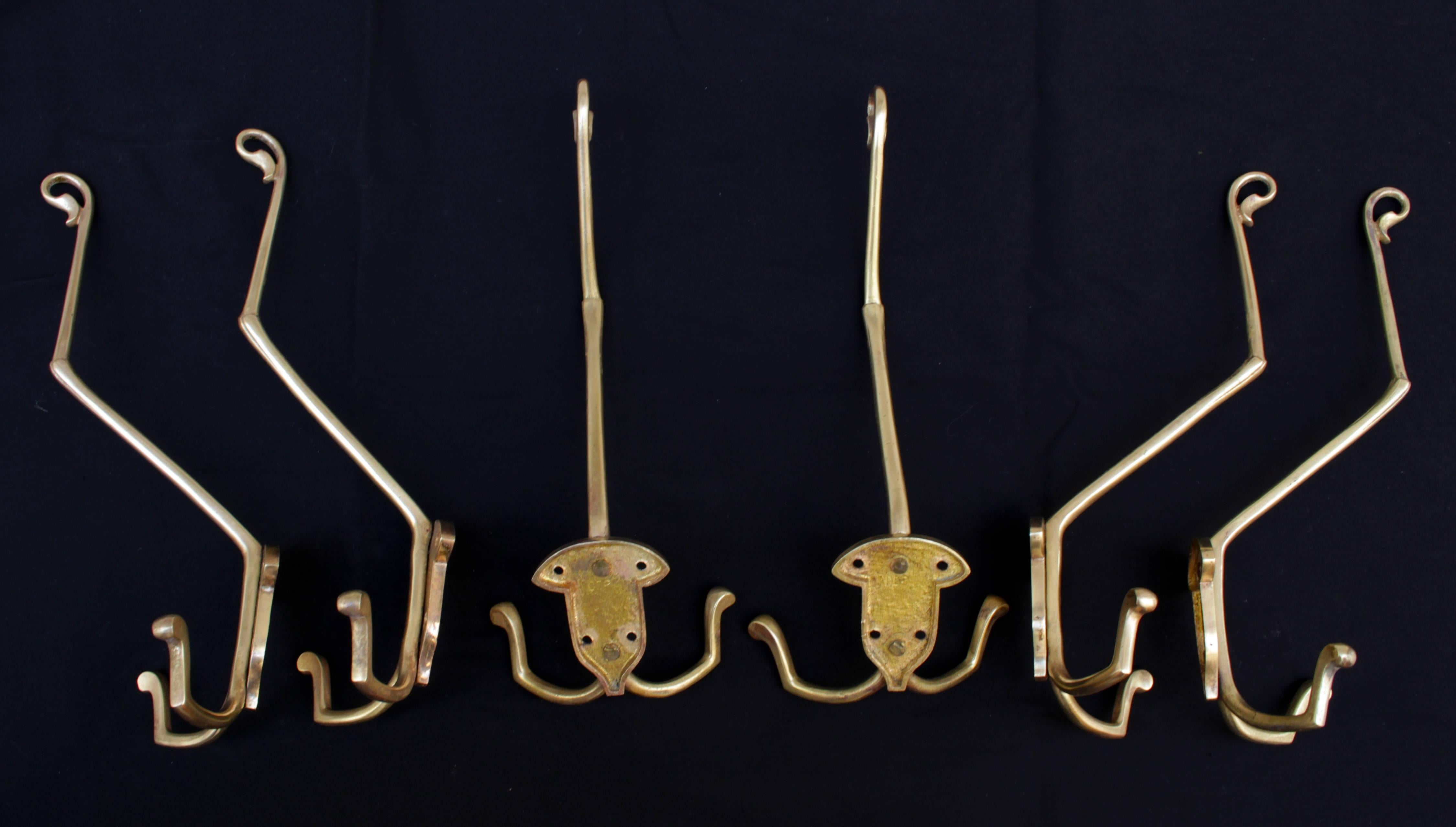 A set of six extremely rare pretty large Art Nouveau wall hooks made of solid brass. Original from the Art Nouveau city of Darmstadt.
