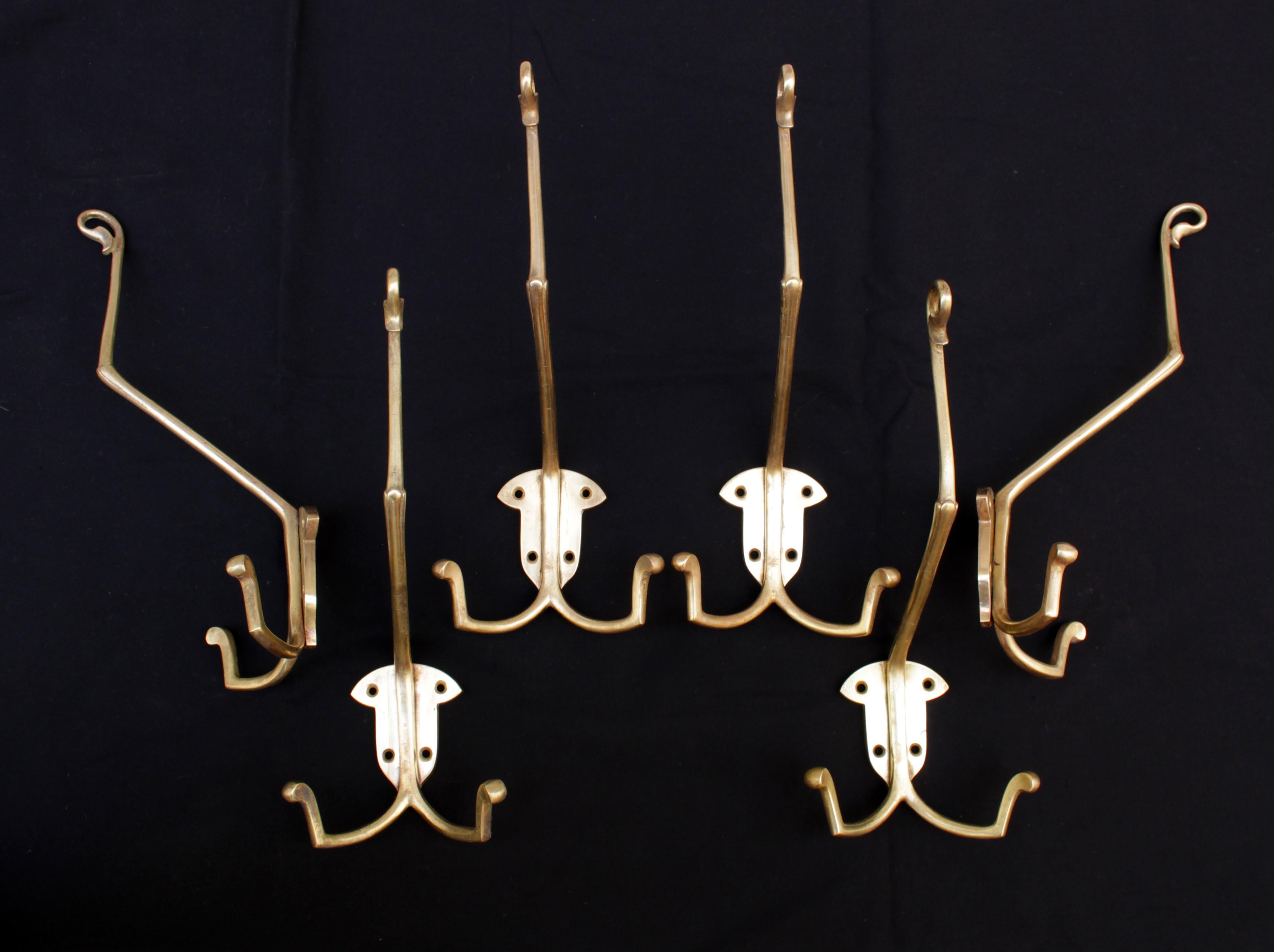 Set of Six Art Nouveau Solid Brass Wall Hooks from Germany In Good Condition In Darmstadt, DE
