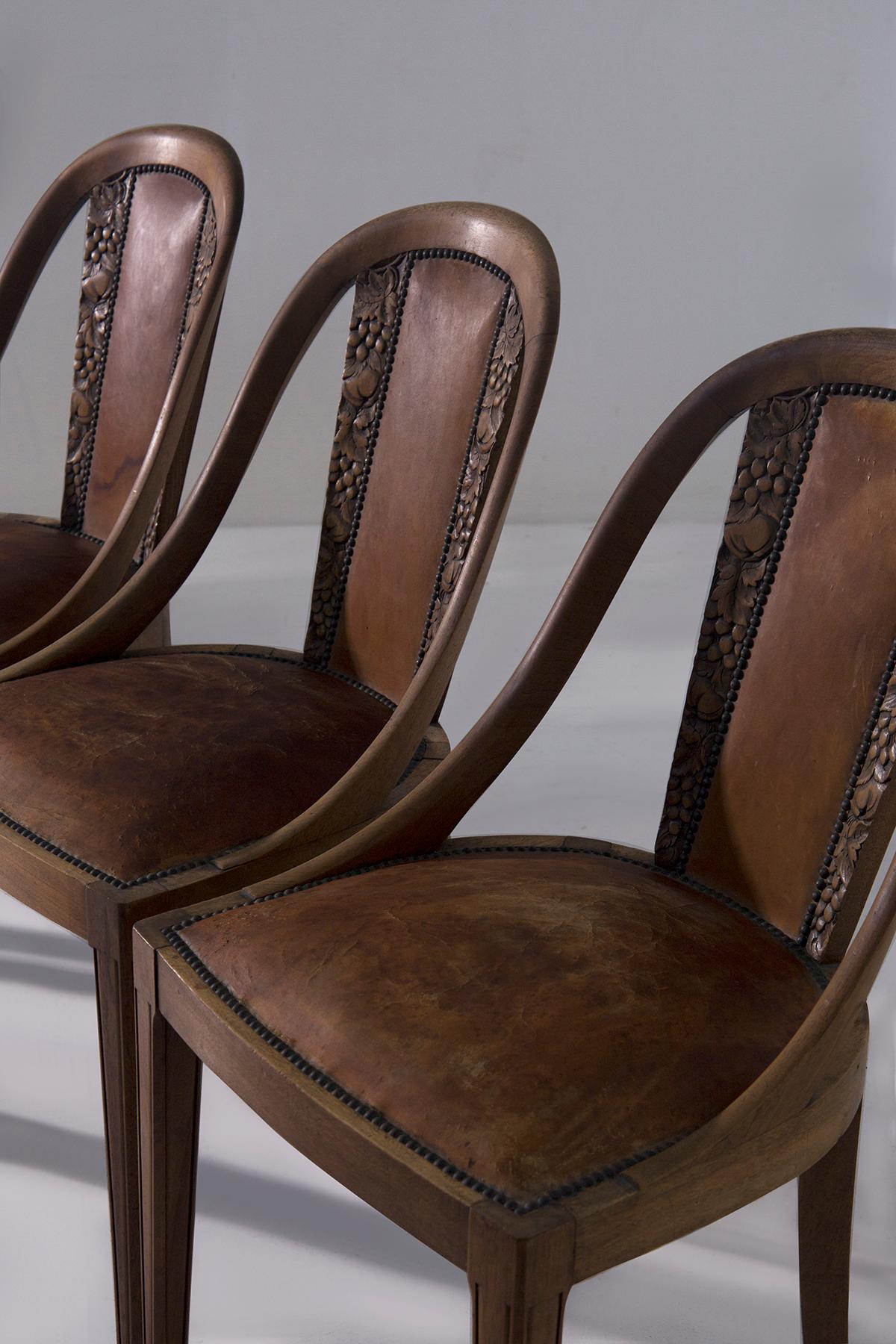 Set of six Art Nouveau style chairs with grape wood inlays For Sale 4