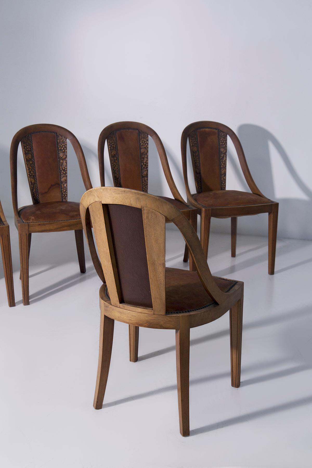 Set of six Art Nouveau style chairs with grape wood inlays For Sale 6