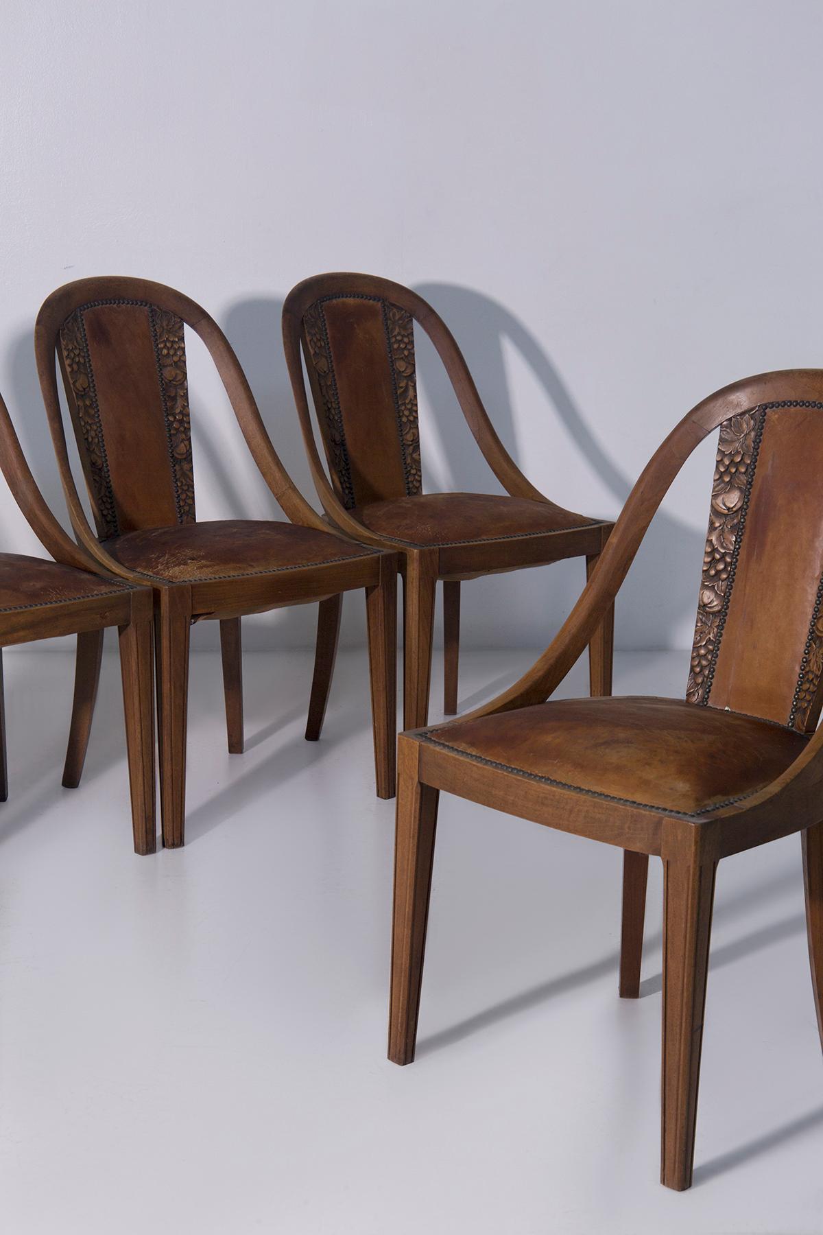 Italian Set of six Art Nouveau style chairs with grape wood inlays For Sale