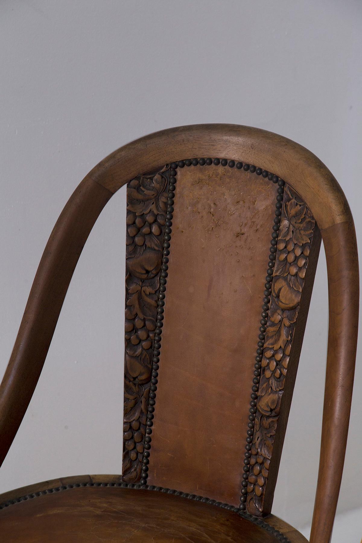 Wood Set of six Art Nouveau style chairs with grape wood inlays For Sale