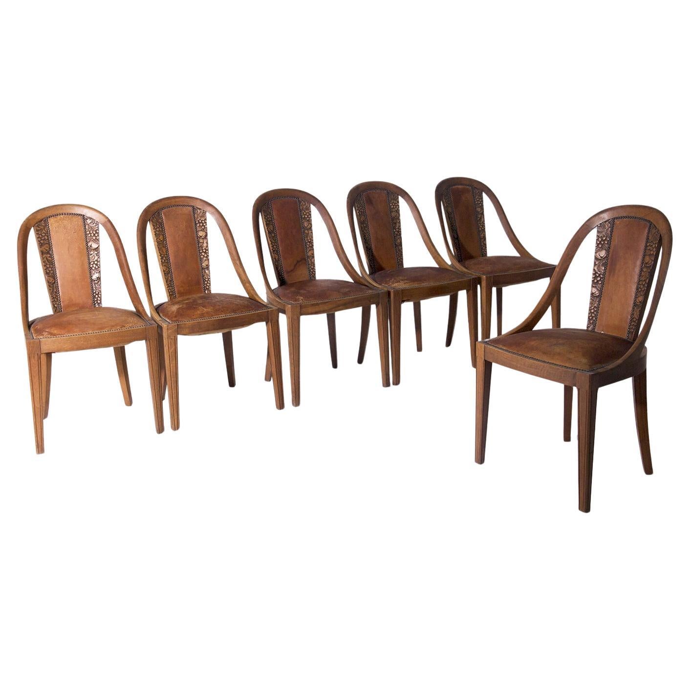 Set of six Art Nouveau style chairs with grape wood inlays