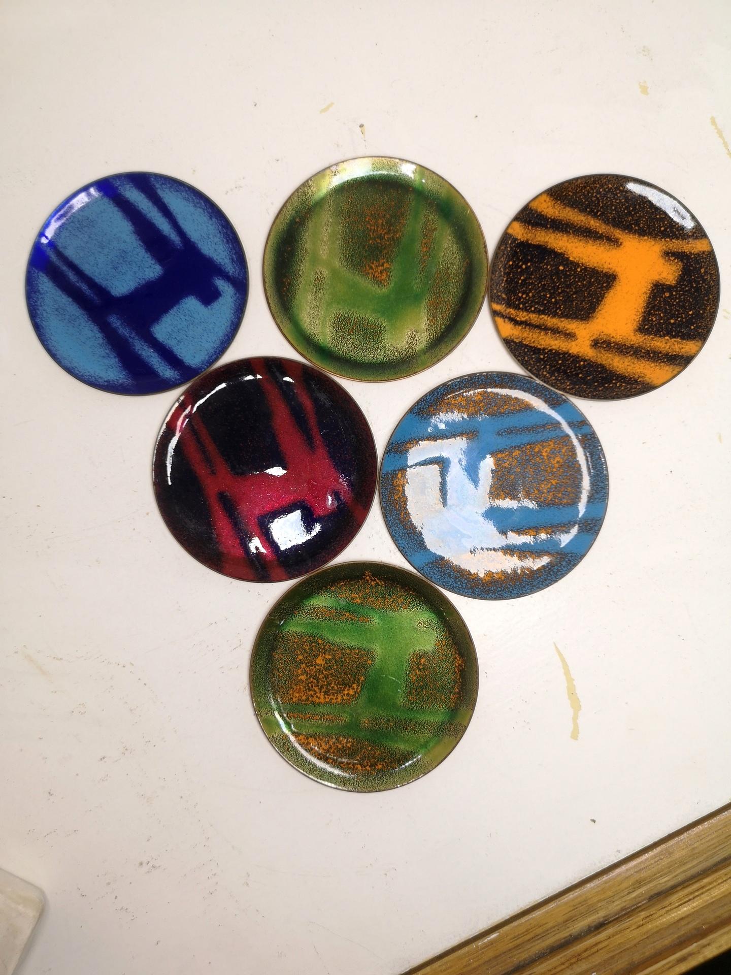 Late 20th Century Set of Six Artisan Mid-Century Modern Coasters of Enameled Copper, 1970s