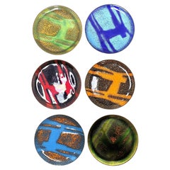 Set of Six Artisan Mid-Century Modern Coasters of Enameled Copper, 1970s