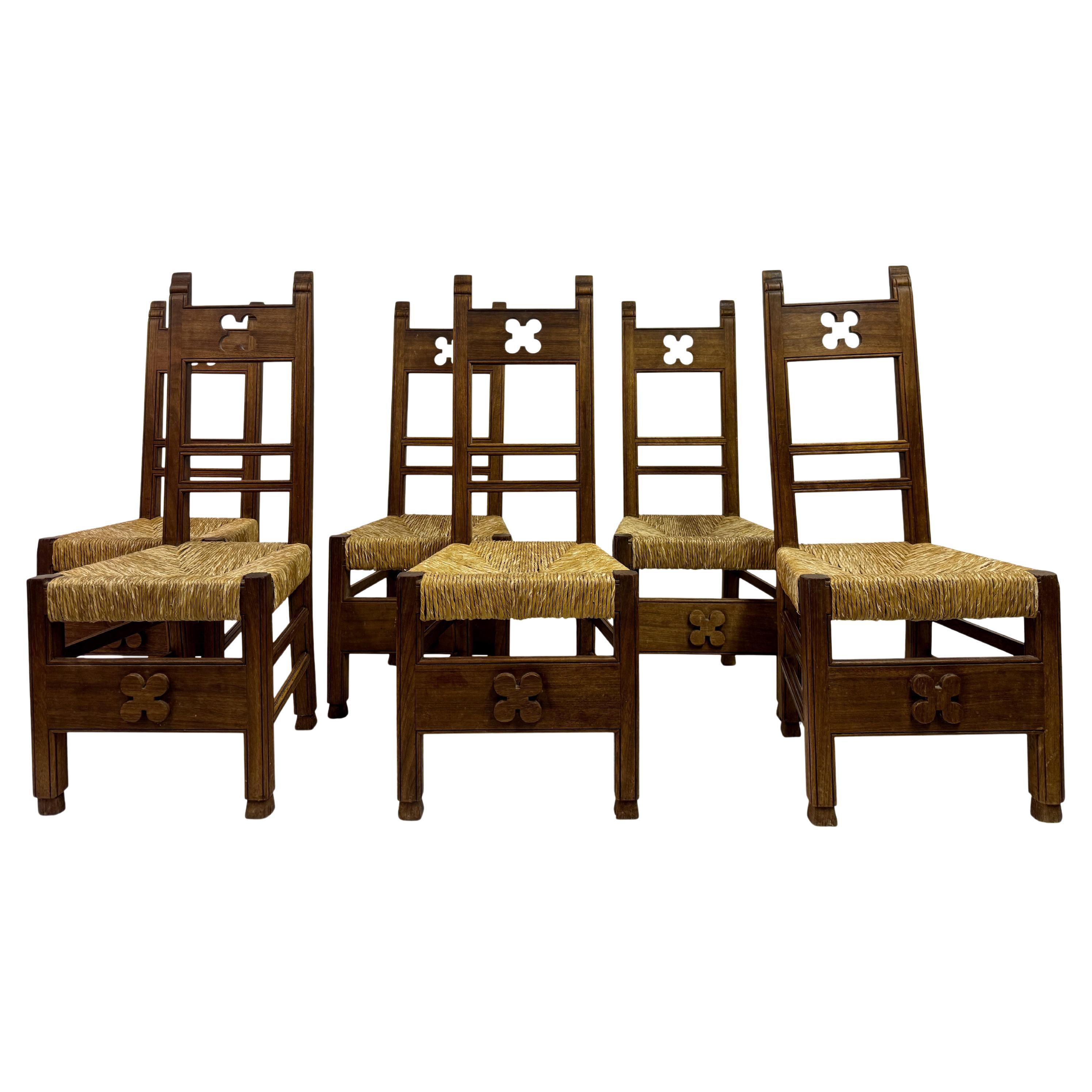 Set Of Six Arts And Crafts Ecclesiastical Dining Chairs, Circa 1920