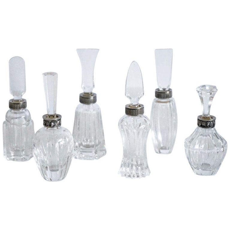 Set of Six Art Deco Atlantis Crystal and Silver Perfume Bottles