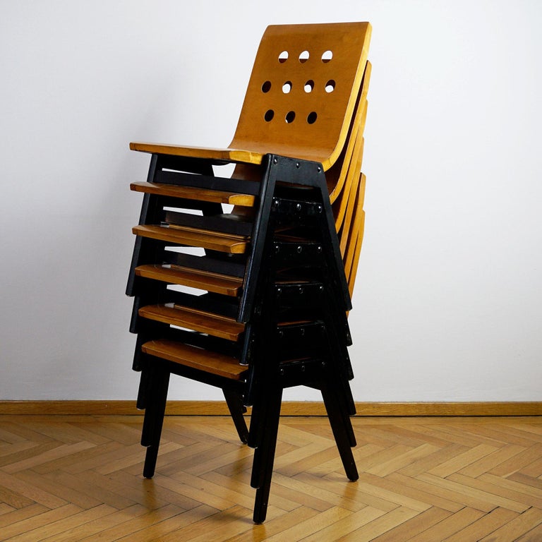 Set of Six Austrian Midcentury Roland Rainer Beech Stacking Chairs In Good Condition For Sale In Vienna, AT