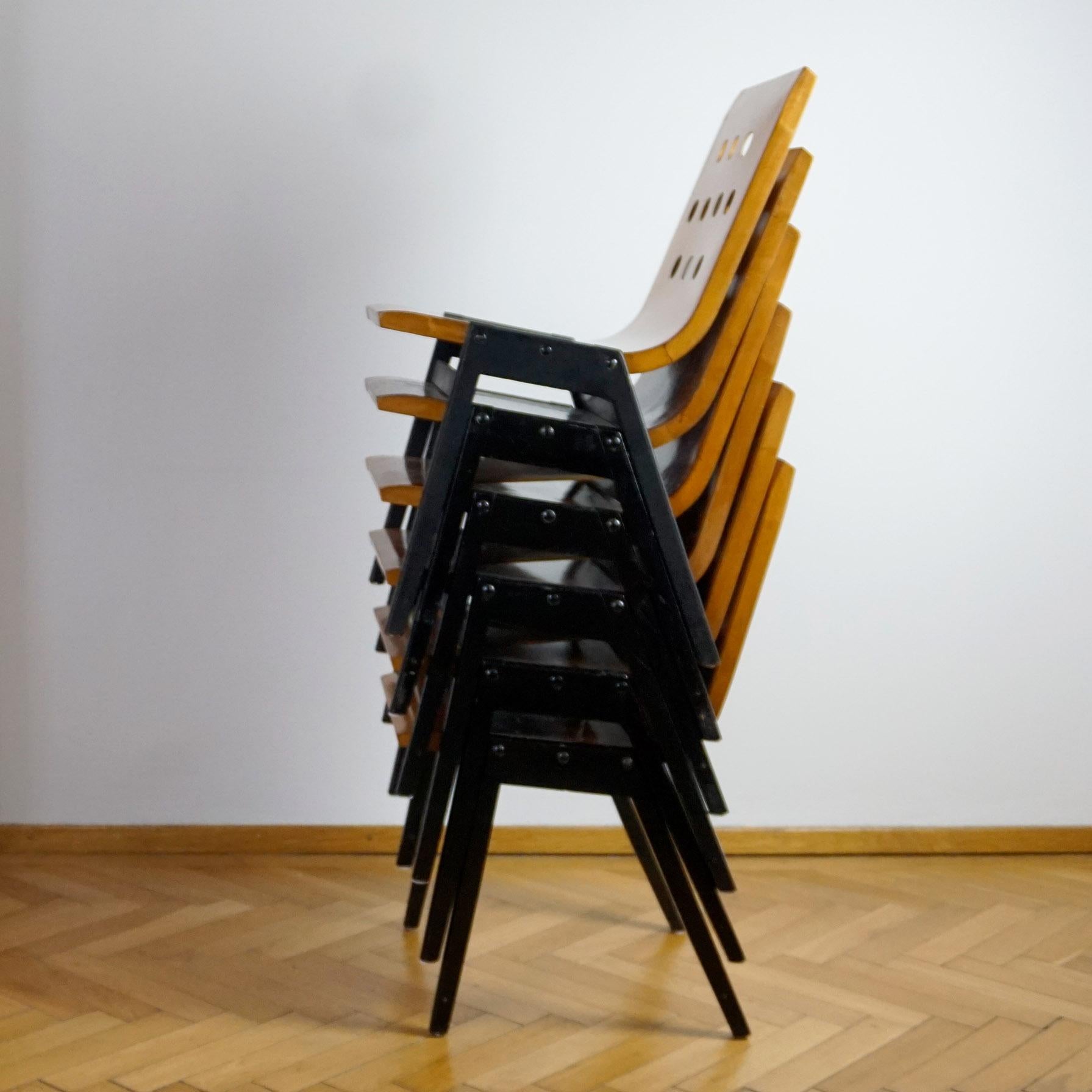 20th Century Set of Six Austrian Midcentury Roland Rainer Beech Stacking Chairs For Sale