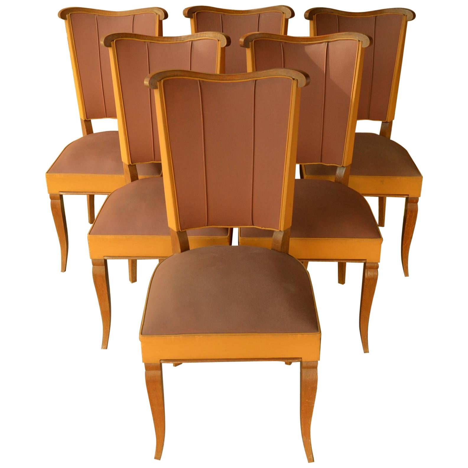 Set of Six Authentic French Art Deco Moleskine Dining Chairs from the 1930s For Sale