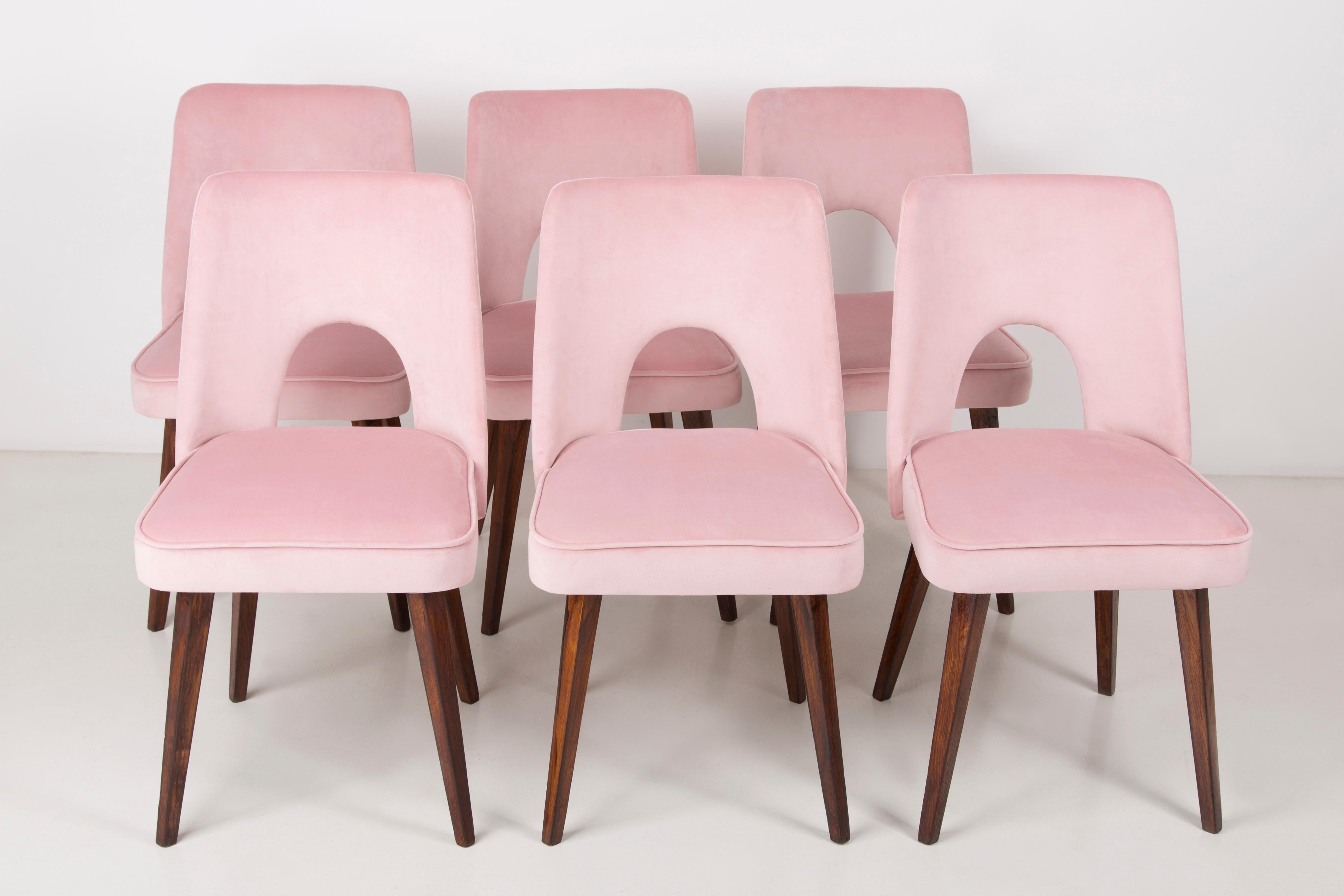 Mid-Century Modern Set of Six Baby Pink Velvet 'Shell' Chairs, 1960s For Sale