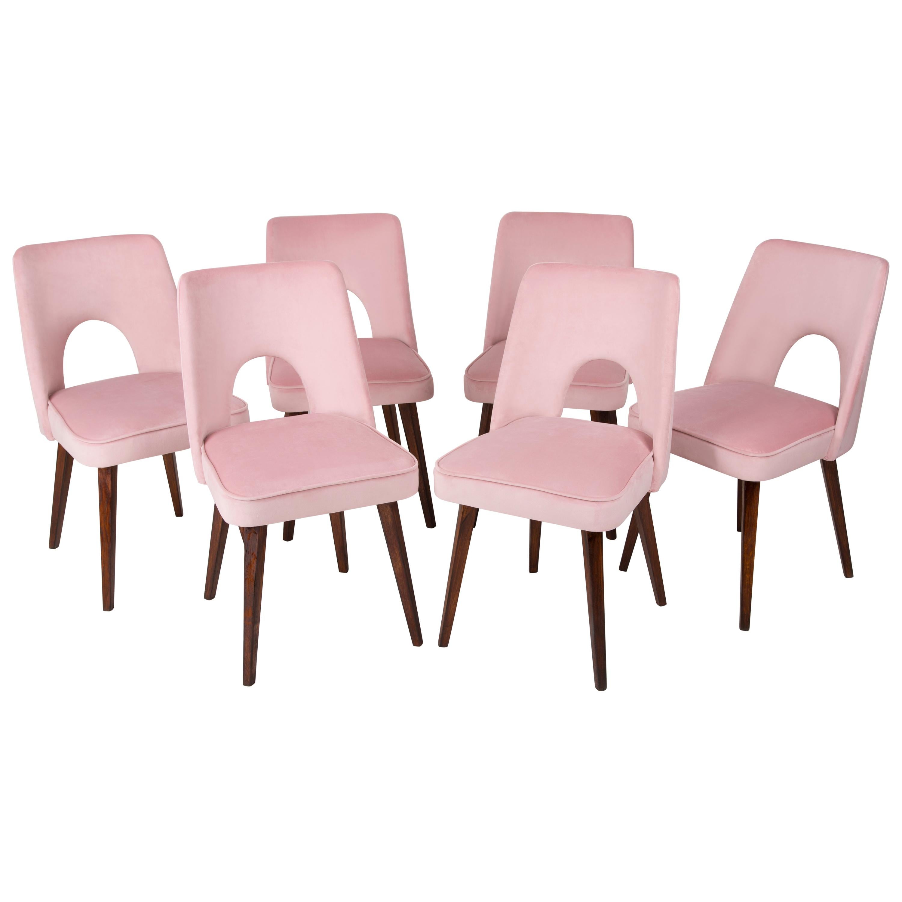 Set of Six Baby Pink Velvet 'Shell' Chairs, 1960s For Sale