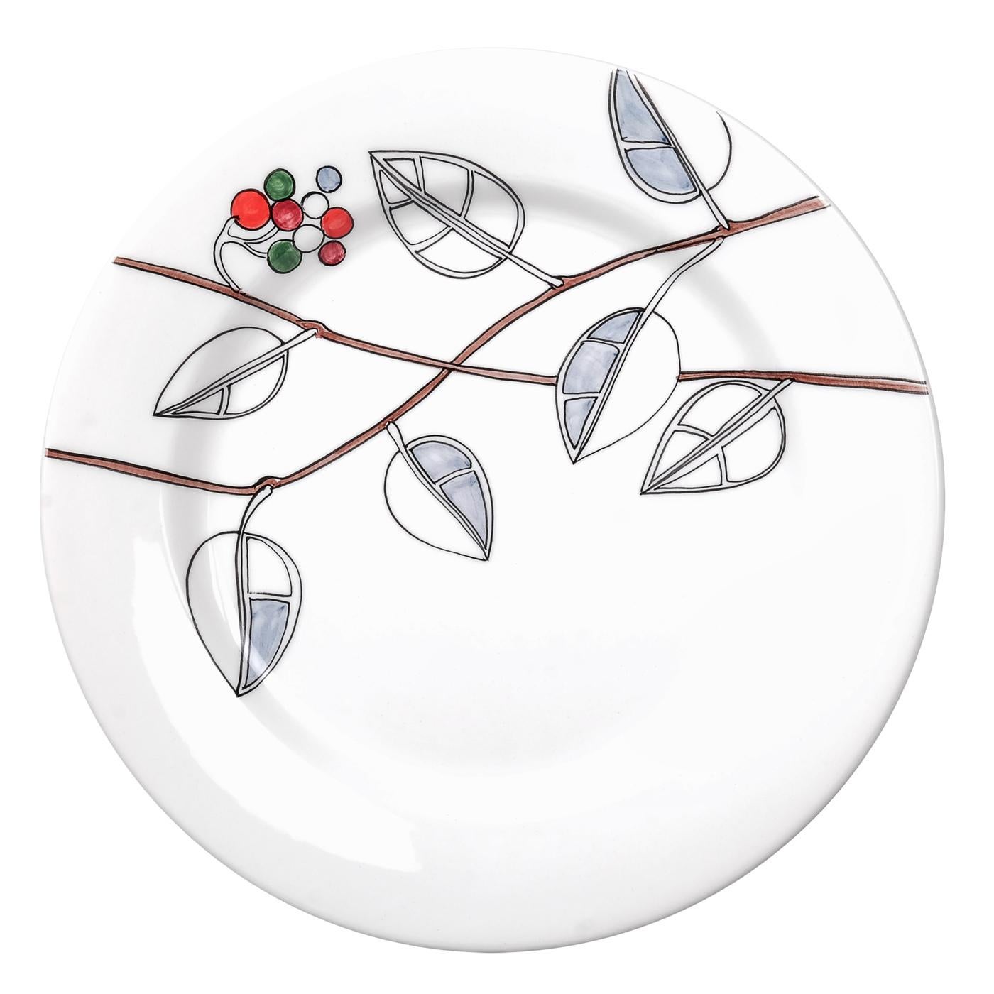 This elegant set of ceramic dinner plates is entirely handcrafted. The elegant white background contrasts perfectly with the 