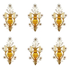 Set of Six Baguès Style Banci Italian Gilt Metal and Crystal 2-Light Sconces