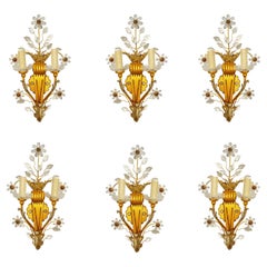 Set of Six Baguès Style Banci Italian Gilt Metal and Crystal 2-Light Sconces