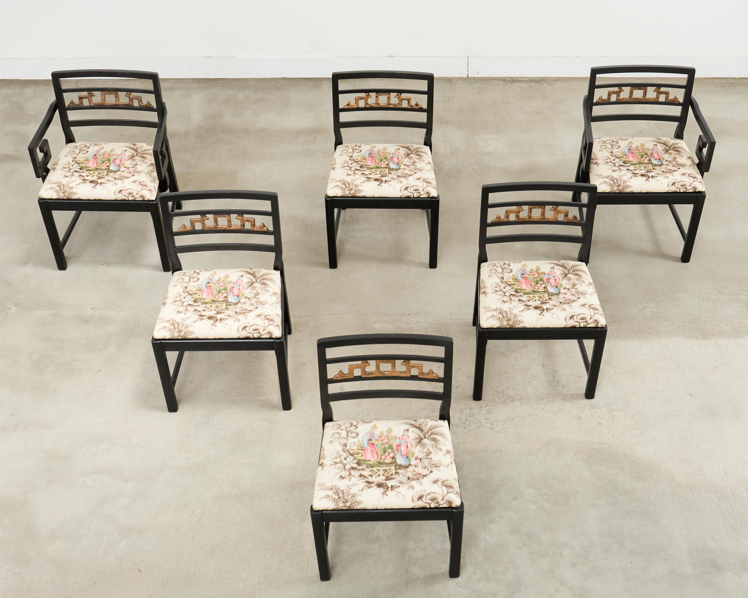 Satz von sechs Baker Chinoiserie Greek Key Esszimmerstühle 1960 (Moderne der Mitte des Jahrhunderts) im Angebot