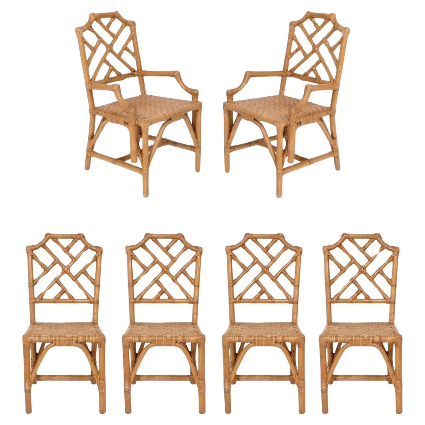 Set of Six Bamboo and Rattan Fret Back Dining Chairs