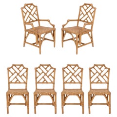 Ensemble de six chaises de salle à manger en bambou et en rotin à dossier fretté