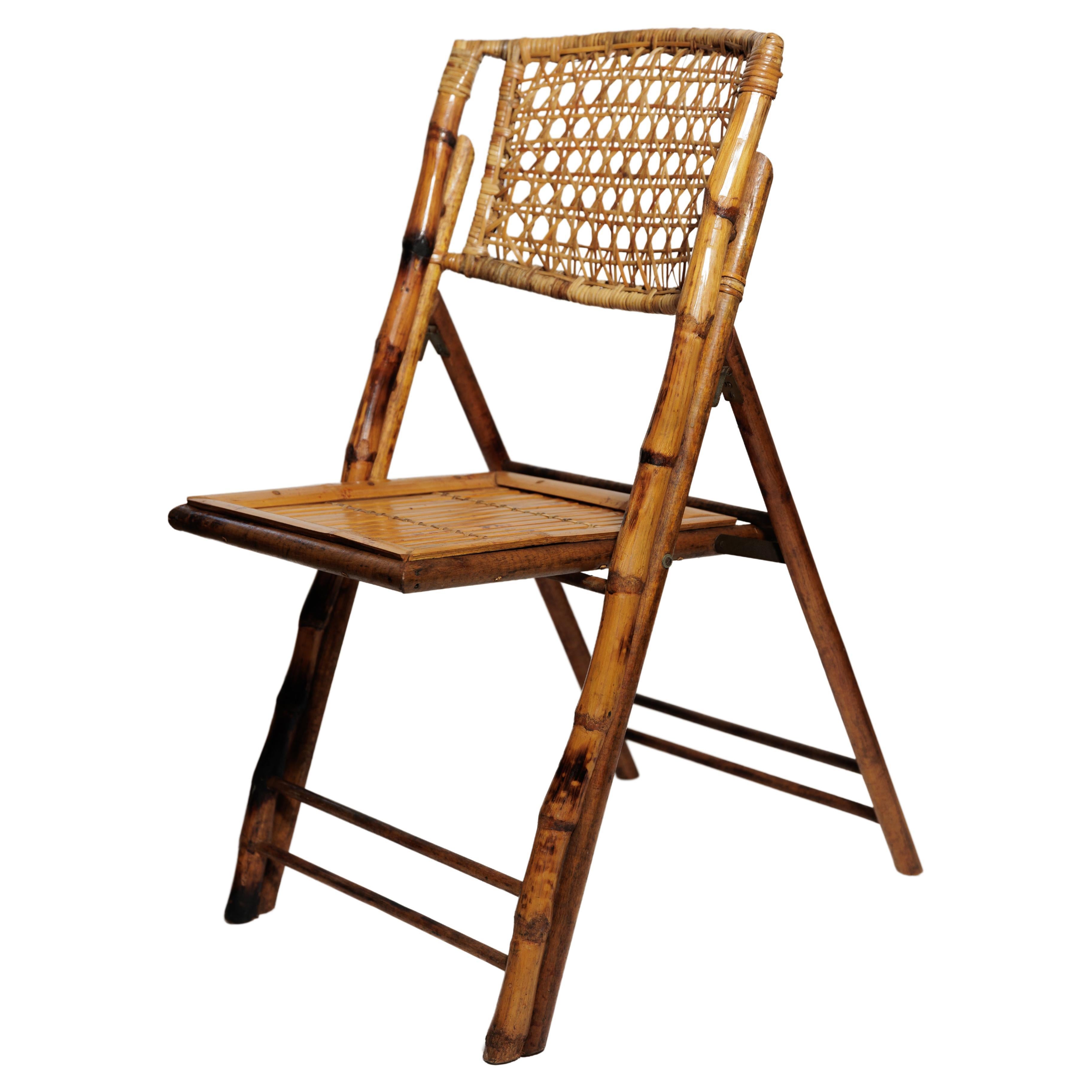 Set of Six Bamboo and Wicker Folding Chairs For Sale