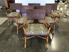 Set of Six Bamboo Rattan and Woven Leather Dining Chairs