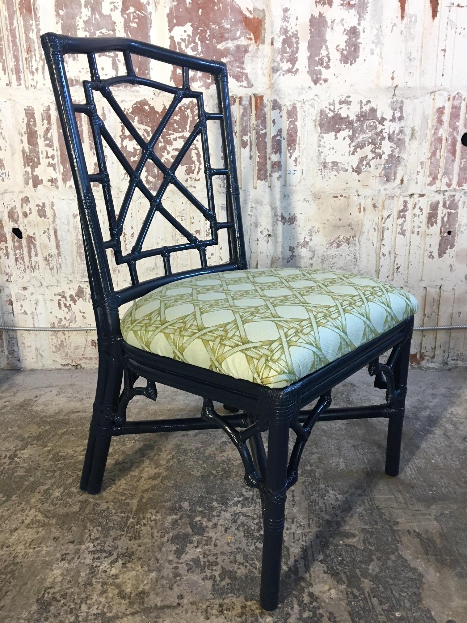 Set of 6 bamboo dining chairs in Chinese chinoiserie style. Newly finished in Fine Paints of Europe high gloss navy, and newly upholstered. Excellent condition.