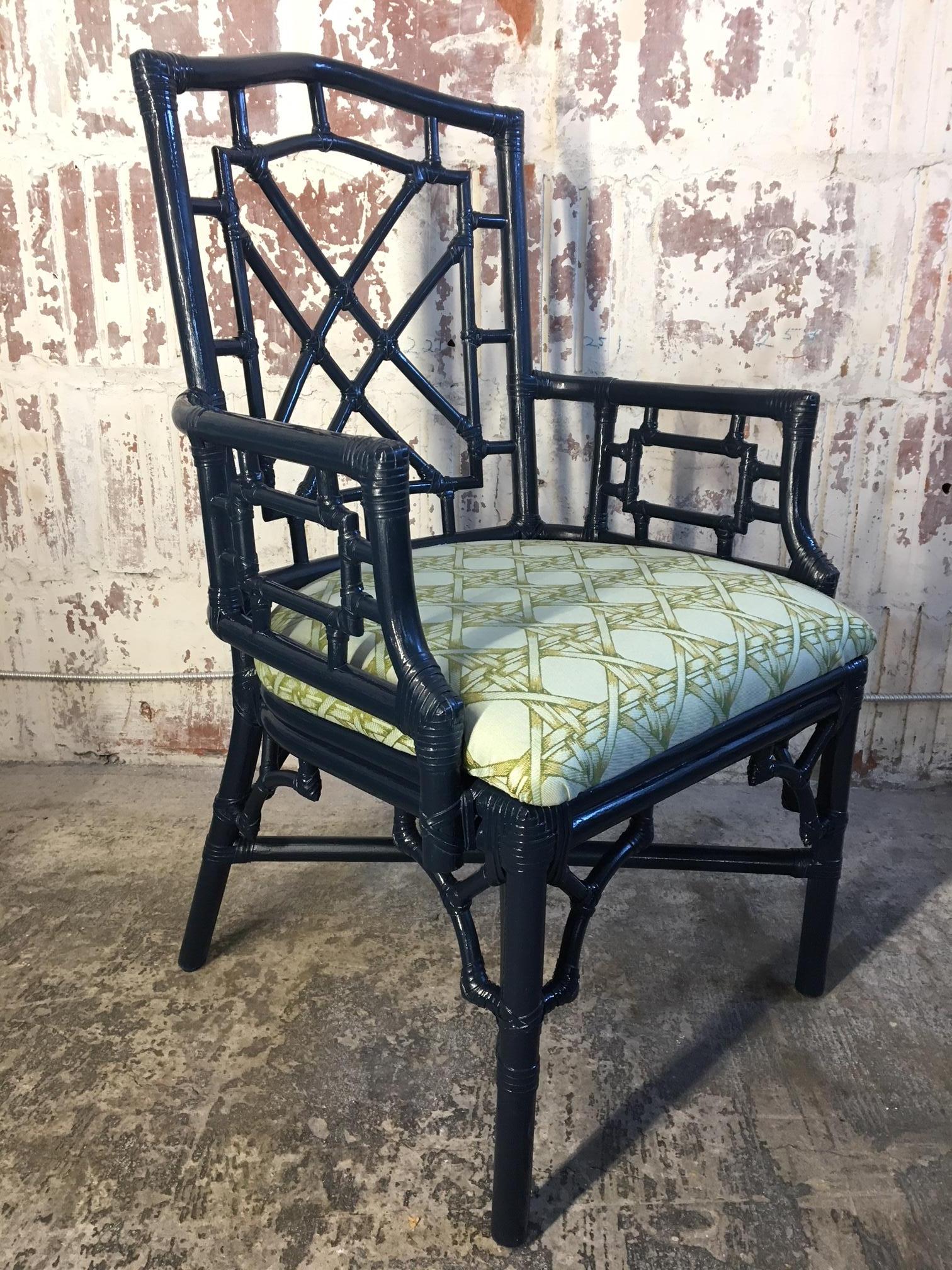 Mid-20th Century Set of Six Bamboo Chinoiserie Dining Chairs in High Gloss Navy