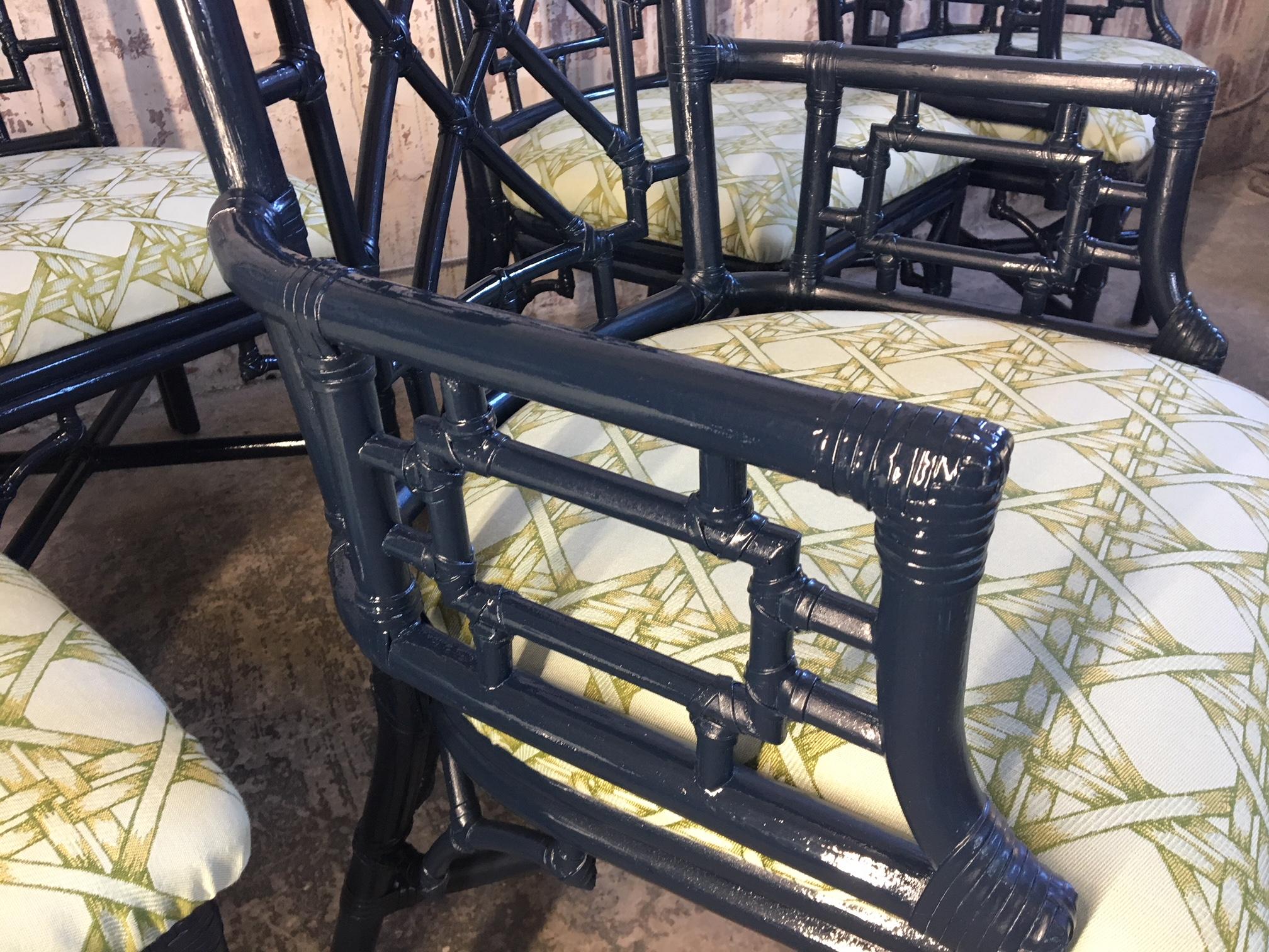 Set of Six Bamboo Chinoiserie Dining Chairs in High Gloss Navy 3