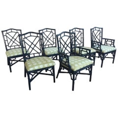 Vintage Set of Six Bamboo Chinoiserie Dining Chairs in High Gloss Navy