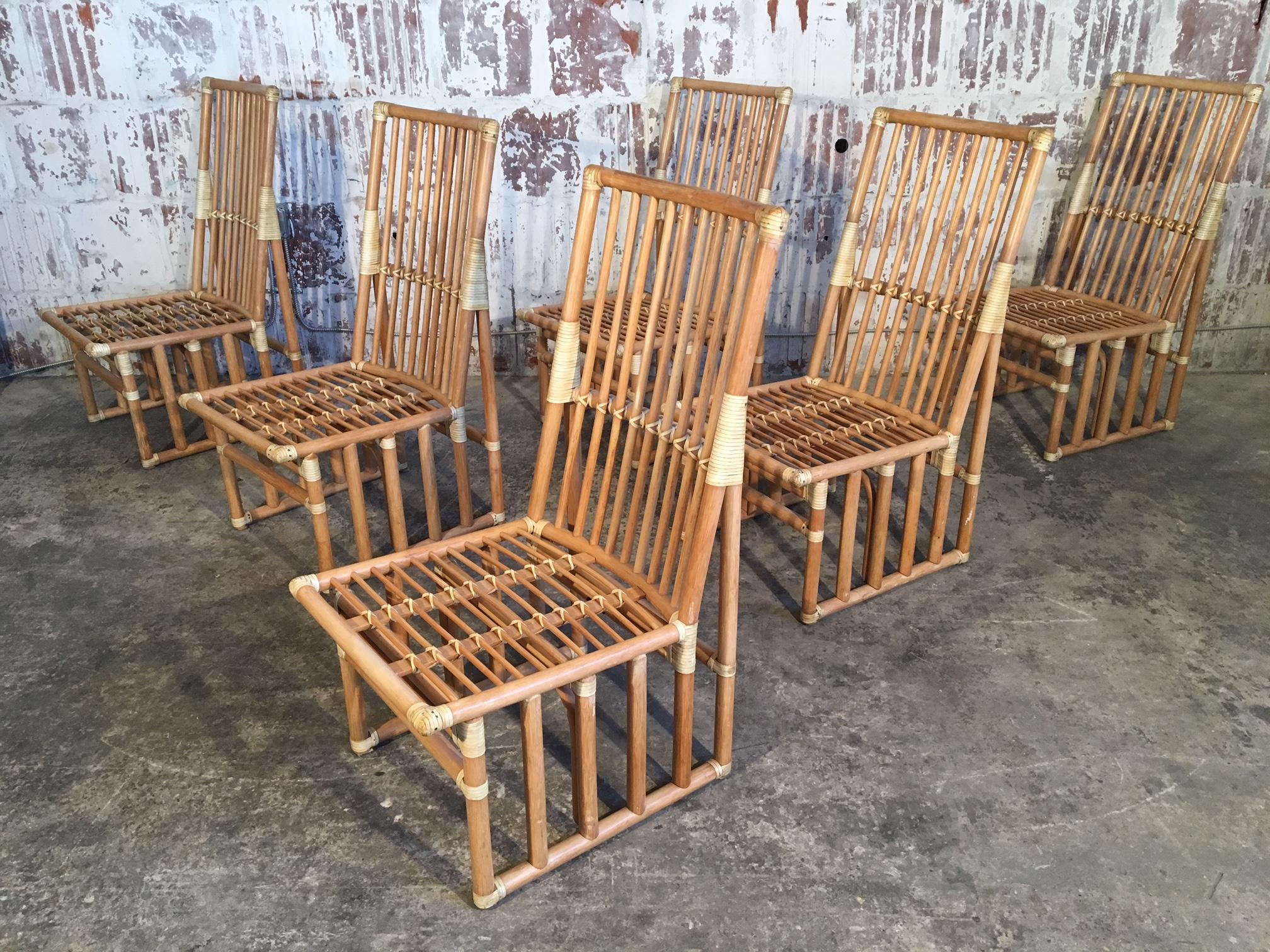 Set of 6 bamboo dining chairs by Kipp Stewart Designs for Summit Furniture, circa 1970s. Excellent vintage condition with age appropriate wear. Structurally sound. Seat and back cushions are included.  Professional reupholstery available, ask for