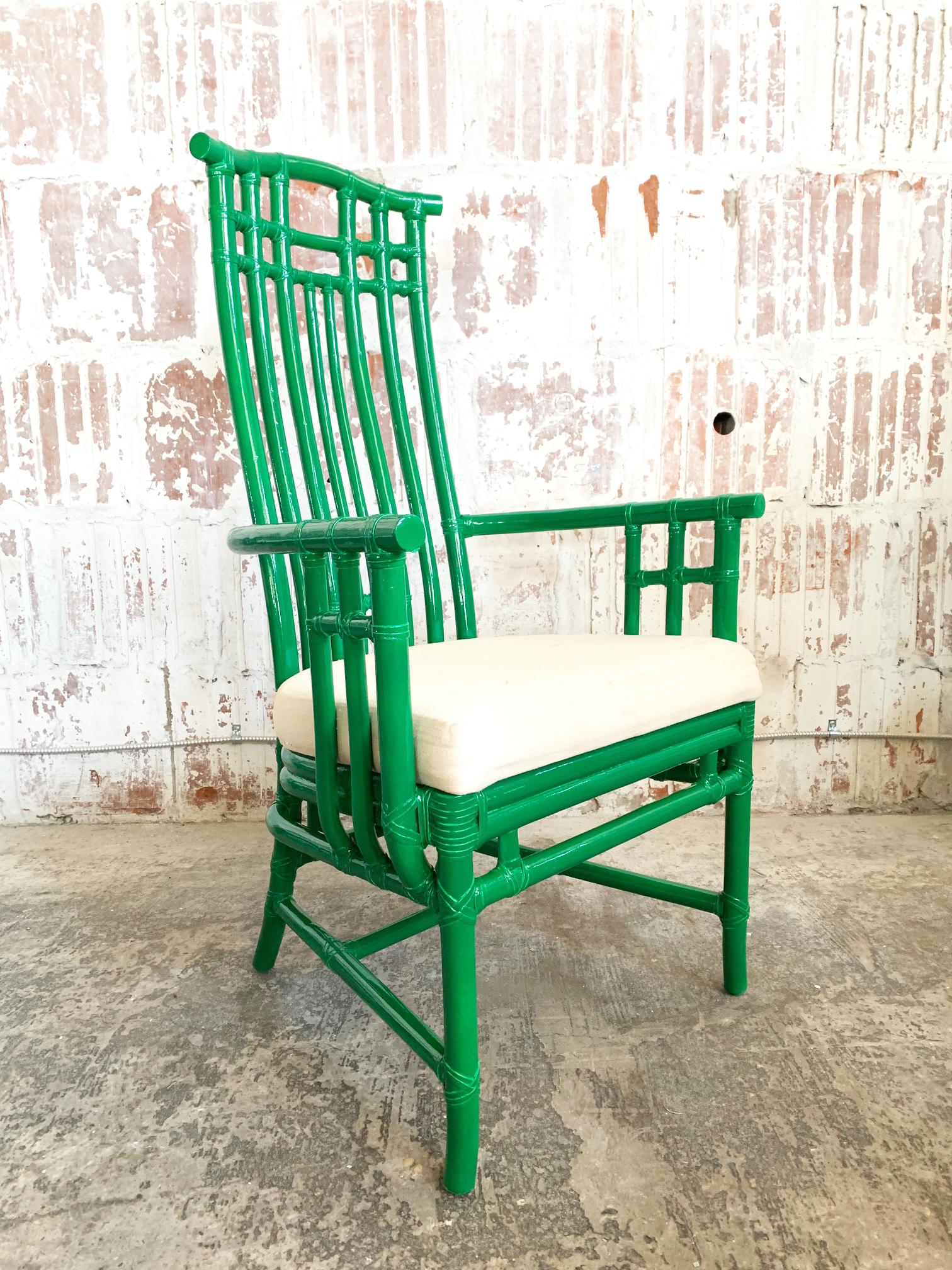 Set of 6 McGuire bamboo pagoda high back dining chairs. Newly lacquered in high gloss green. Very good condition with very minor imperfections to the newly lacquered finish and discolorations to upholstery. Matching dining table also available.