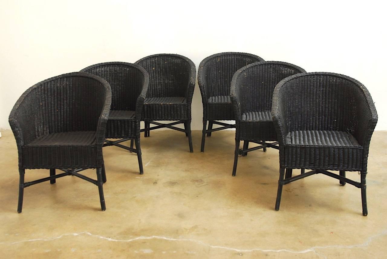 Mid-Century Modern Set of Six Bamboo Wicker Barrel Back Chairs