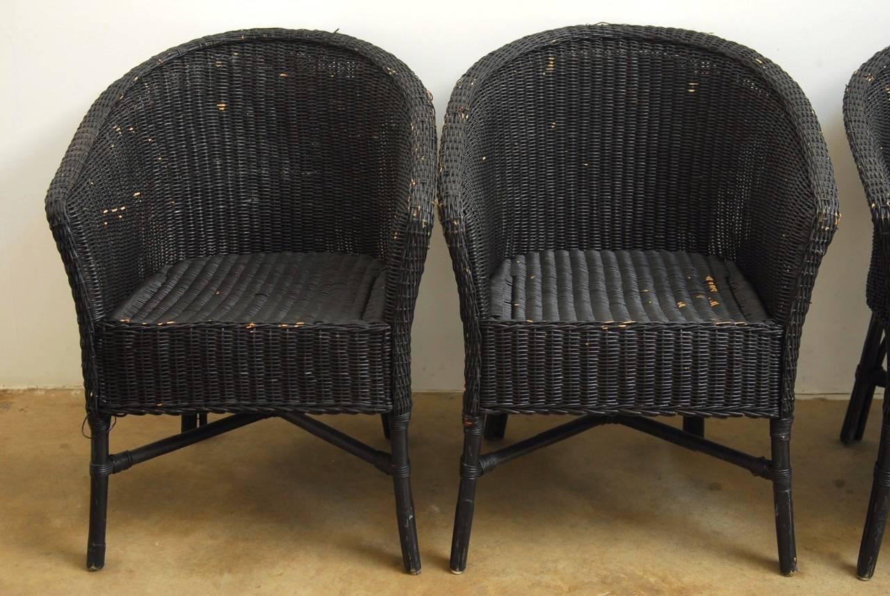 Hand-Crafted Set of Six Bamboo Wicker Barrel Back Chairs