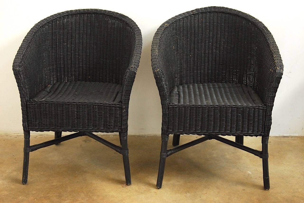 Set of Six Bamboo Wicker Barrel Back Chairs In Fair Condition In Rio Vista, CA