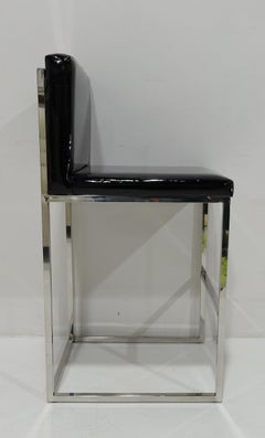 Set of Six Bar Stools in Black Patent Leather with Chrome Frames