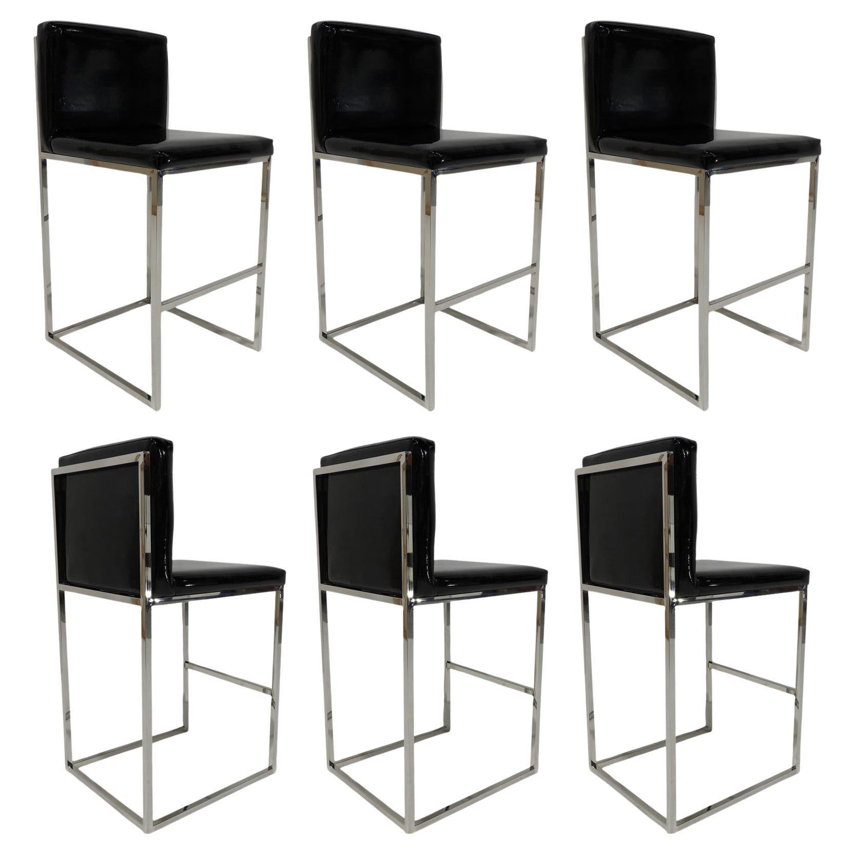 Set of Six Bar Stools in Black Patent Leather with Chrome Frames For Sale