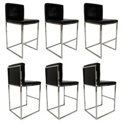 Set of Six Bar Stools in Black Patent Leather with Chrome Frames