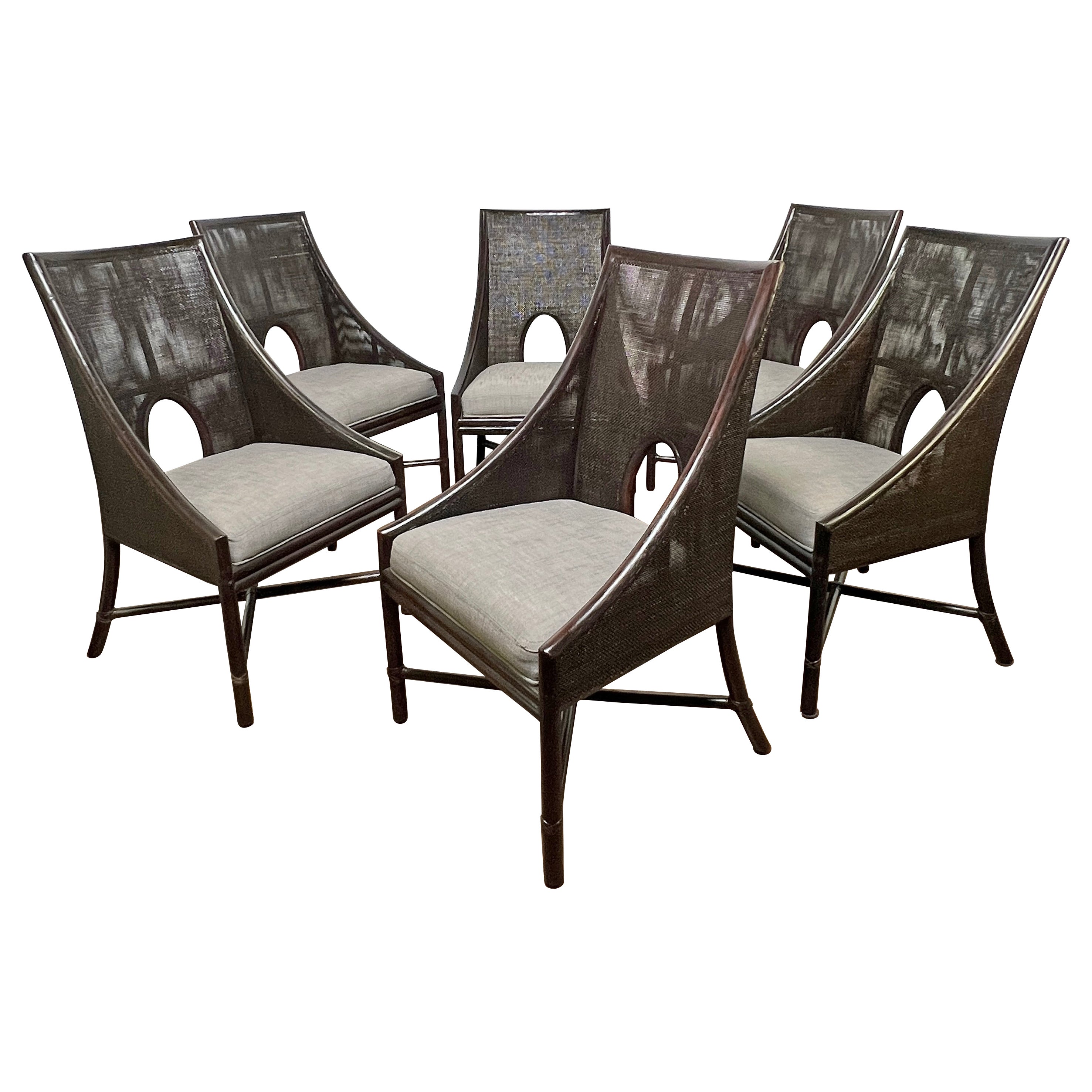 Ensemble de six chaises de salle à manger en rotin et canne de Barbara Barry pour McGuire en vente