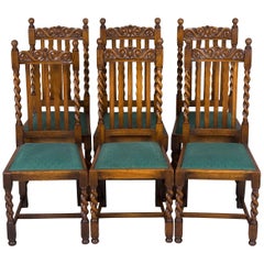 Antique Set of Six Barley Twist Oak Dining Room or Kitchen Chairs